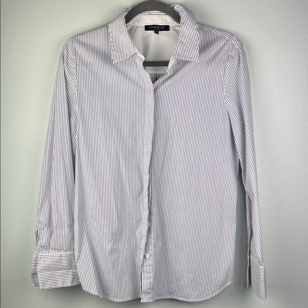 Lafayette 148 New York White Dress Shirt with Navy Pinstripes